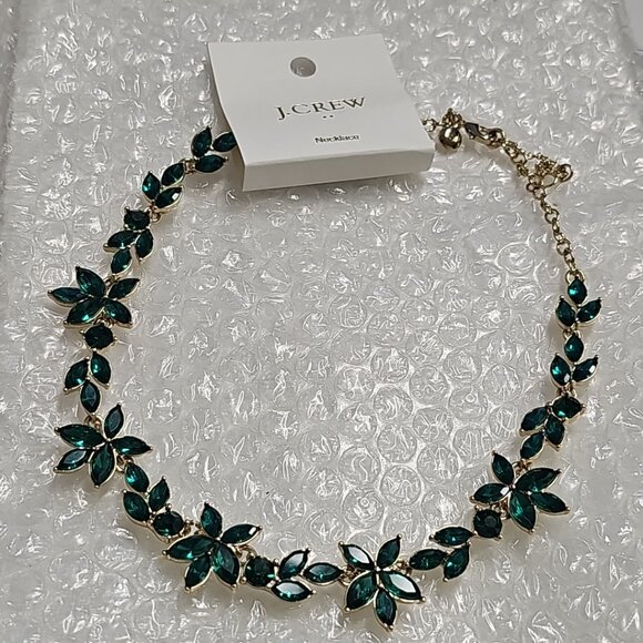 NWT J. Crew choker adjustable necklace flowers & leaves green crystal stones - Picture 1 of 8